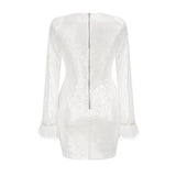 Dadizhimu Women's Sleeves Decorated Feather Dress Embellished Irregular Elegant Dress Woman