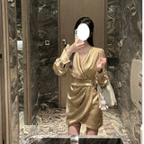 Dadizhimu Collar Long Sleeves Golden Lilyded Shiny Dress Femininity Folds Thin-Buttoned Dress