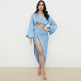 Dadizhimu Deep V-Navel Top High Open Skirt Set Satin Night Shop Sexy Dress