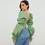 Dadizhimu Fashion Women's Clothing Collar Broken Flower Long-Sleeved Hollow Low-Breasted Tavel Trumpet Sleeve Top Lady