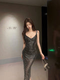 Dadizhimu Women's Nude Flash-Colored Back Light Luxury Party Birthday Sexy Dress Hanging Dress