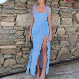 Dadizhimu Women's French Suspension Dress Design Sensual Spice Girls Sexy Open Fork Dress Red Chiffon Dress Summer