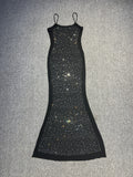 Dadizhimu Sexy Niche Brand Water Drill Slings Appear Thin Dress Black Apricot Long Dress Birthday Fishtail Dress