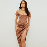 Dadizhimu Women's New Card Shoulder Bosom Grated Fish Bone Repair Fork Solid Color Fashion Sexy Dress