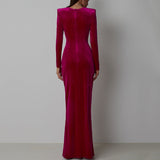 Dadizhimu Women's Fashion Round Collar Velvet Long Dress Tight Open Fork Dress Dress Long