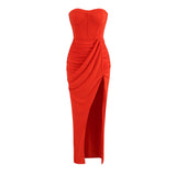 Dadizhimu Solid-Colored Sexy Brooch Dress Girl Folding Zou Irregular Open Skirt Dress Long