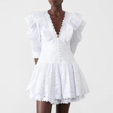 Dadizhimu Court Style V-Neck Bubble Sleeve Dress 2025 New Lace Embroidery To Collect Thin Short Dress Woman