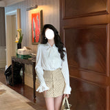 Dadizhimu Temperament Bow Elegant Romantic French-Style Sintered White Shirt Spring And Autumn Bottom V Collar Long-Sleeved Top Woman