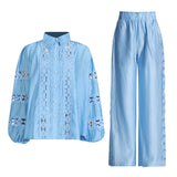Dadizhimu Temperament Elegant Two Sets 2025 Summer New Fashion Collar Embroidered Shirt Top High Waist Straight Trousers Women