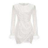 Dadizhimu Women's Sleeves Decorated Feather Dress Embellished Irregular Elegant Dress Woman