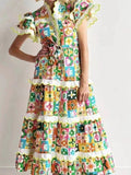 Dadizhimu Spring And Summer Australian National Wind Wave Side Lead Flying Sleeves Short-Sleeved Rope Waist Color Printed Dress