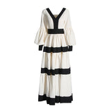 Dadizhimu V-Neck Lantern Sleeve Dress 2025 New Niche Colliding Color Design Long-Term Waist Dress Women's Summer
