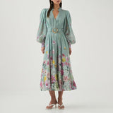 Dadizhimu Lantern Sleeve Long Dress 2025 New Waist Thin Design Retro Print Dress Women's Summer
