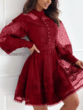 Dadizhimu Style High-End Embroidery Hook Dress 2025 New Lantern Sleeves To Close The Waist Thin Solid Color Dress Women's Summer