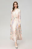 Dadizhimu 2024 New Women's Round-Neck Long-Sleeved Print Single-Dneck Belt-Sleve-Sleeved Dress With Long-Body Sweet Dress