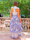 Dadizhimu Spring And Summer New Back-Lit Collar Retro Blue Printing Layer Lotus Leaf-Side Cake Dress Dress Dress Dress