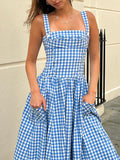 Dadizhimu Women's Summer Summer Idyllic Dress Blue Lattice Sling Dress Summer Women's High-End Holiday Dress