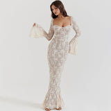Dadizhimu Sexy Babes Lace Long-Sleeved Dress Pure Style Style Show Backpack Hip Fishtail Long Dress