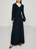 Dadizhimu Temperament Asymmetric Slimming Dress 2025 New V-Neck Design Pressure Fold Solid Color Dress Woman