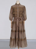 Dadizhimu Retro Style Long-Sleeved Dress Woman 2025 Spring New Splicing Hollow High-End Feeling Slimy Dress