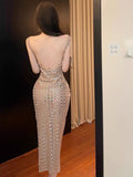 Dadizhimu Women's Nude Flash-Colored Back Light Luxury Party Birthday Sexy Dress Hanging Dress