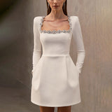 Dadizhimu Wind To Close The Waist Thin Dress 2025 New Temperament Square Collar Diamond Design Short Dress Woman