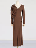 Dadizhimu Temperament Asymmetric Slimming Dress 2025 New V-Neck Design Pressure Fold Solid Color Dress Woman