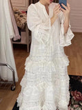 Dadizhimu New Style High-End Elegant V-Necked Leaf Sleeves Hollow Design Cake Skirt Lady Dress Dress