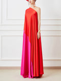 Dadizhimu Wind Loose Meatshade Oblique Shoulder Dress 2025 New Personality Splicing Bump Design Long Dress Women's Summer