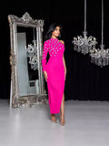 Dadizhimu Women's Banded Skirt Stylish Elegant Round Collar Hot Diamond High Open Fork Solid Dress