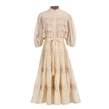 Dadizhimu Retro Style Long-Sleeved Dress Woman 2025 Spring New Splicing Hollow High-End Feeling Slimy Dress