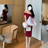 Dadizhimu Red French Champs-All Lys¨¦e Classic Shoulder Tea Dress High Waist Repair Body Scuffled Ass Bent Dress Woman