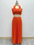 Dadizhimu Elegant Wind Two Sets 2025 New Chest Hanging Neck Loaf Side Top + High Waist Pressure Folded Skirt Dress