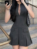 Dadizhimu Commuter Women's Fashion Dress Sexy V-Neck Suit Hundred Folded Dress Fish Bone Repair Sleeveless Dress Woman