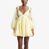 Dadizhimu Deep V-Neck Bubble Sleeves Solid Dress 2025 New Fashion Hollow Back Design Short Dress Woman