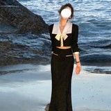 Dadizhimu Wind Banquet Dress Women Black Suit New Splicing Collar Short Top + Half Body Skirt