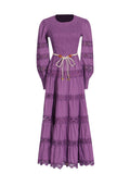 Dadizhimu Retro High-End Long Dress 2025 Spring New Hollow Tie Solid Color Waist Thin Dress Woman Trend