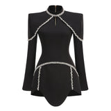 Dadizhimu Sexy Decorative Diamond Chain Skirt Women High-End High-Collar Irregular Hem Horn Sleeve Dress