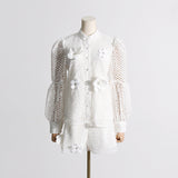 Dadizhimu New Design Embroidery Lace Fashion Suit Women Two Sets Of Lantern Sleeve Top + Casual Shorts Women
