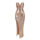 Dadizhimu Women's Sexy Glit Showback Skirt Beads To Repair The Fork Irregular Long Dress