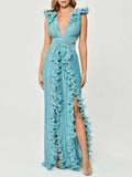 Dadizhimu Open Fork Dress 2025 New Autumn V-Neck Wood Ear Design High-Waist Long Dress Woman