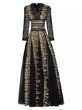 Dadizhimu Collar Nine-Sleeves To Close The Waist Fluffy Swing Net Gold Embroidered Dress Dress Long Dress
