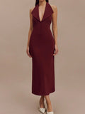 Dadizhimu Dress Women's Sexy Bare Back V-Neck Suit Medium Long Dress Tight-Fitched And Forked Hanging Neck Dress