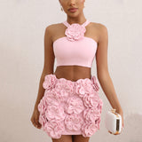 Dadizhimu Sexy Suit Top Hanging Neck Decoration Flower Skirt Temperament Women's High-End Short Dress Two Sets