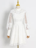 Dadizhimu Style High-End Embroidery Hook Dress 2025 New Lantern Sleeves To Close The Waist Thin Solid Color Dress Women's Summer