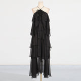 Dadizhimu Temperament Famous Style Splicing Lotle Leaf Side Dress 2025 Summer New Hanging Neck Design Long Dress Dress Woman
