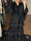 Dadizhimu New Style High-End Elegant V-Necked Leaf Sleeves Hollow Design Cake Skirt Lady Dress Dress