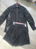 Dadizhimu Fashion Collar Embroidery Set 2025 New Sexy Hollow Flower Shirt + Temperamental Belt Shorts Woman