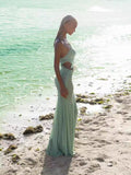 Dadizhimu Women's Seaside Resort Design Sense Hanging Neck Sling Green Dress Heavy Fishtail Skirt