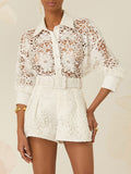 Dadizhimu Fashion Collar Embroidery Set 2025 New Sexy Hollow Flower Shirt + Temperamental Belt Shorts Woman